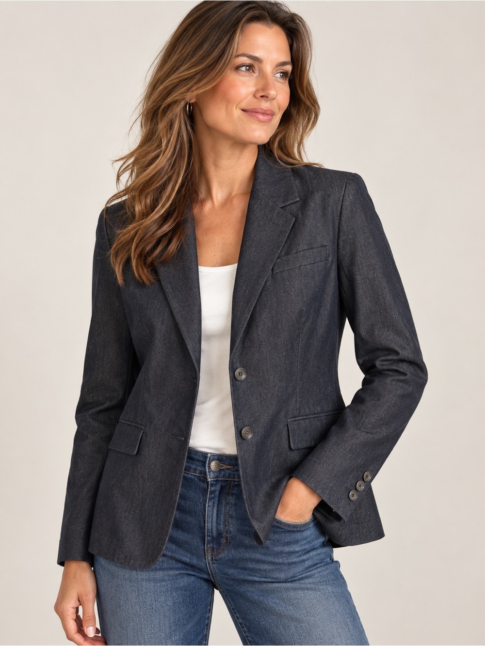 Liz Claiborne Jeans Blazer Medium Petite Dark Indigo Denim Look Tailored